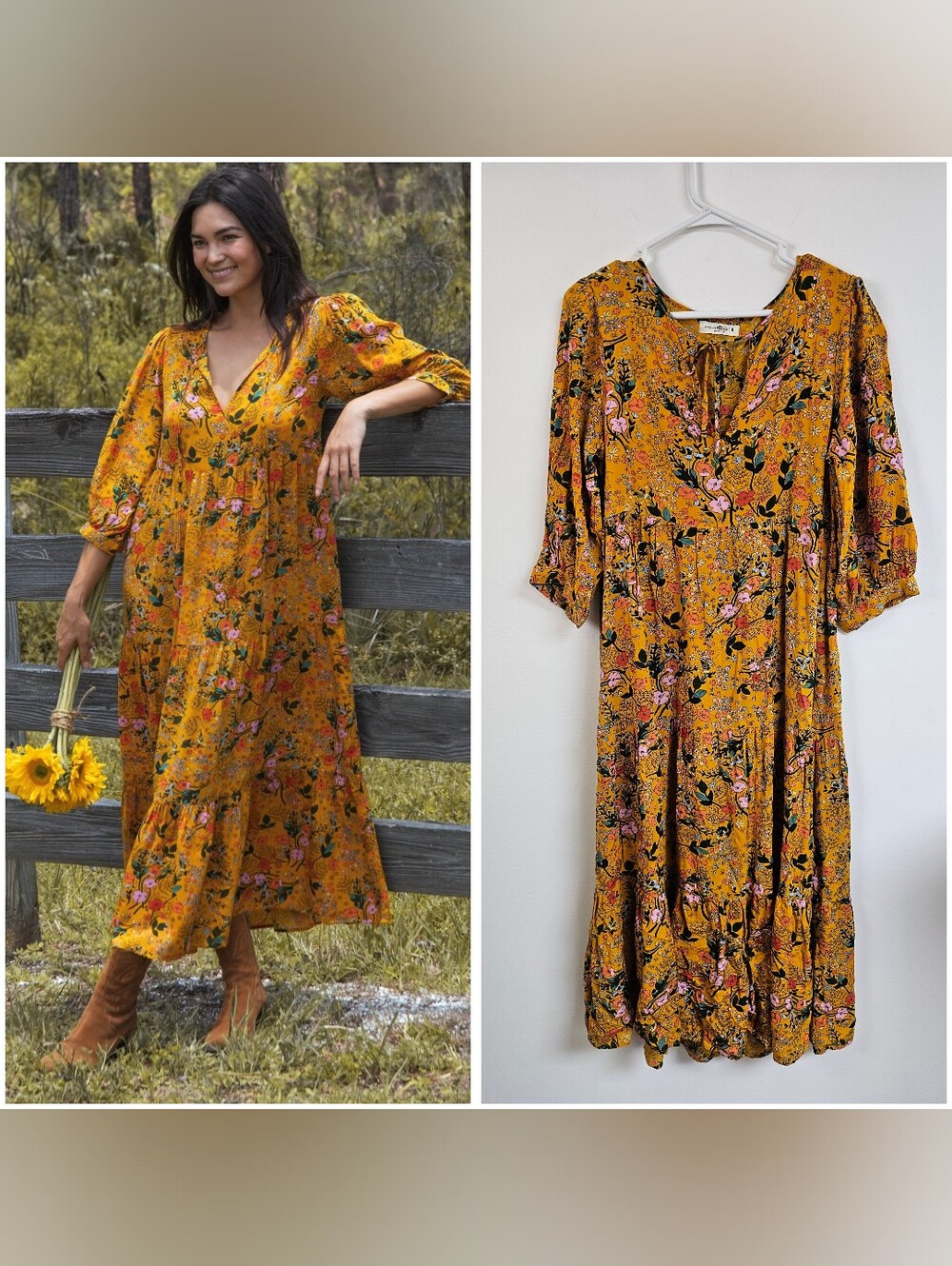 Natural Life Nova Maxi Floral Tiered Bohemian Dress Mustard